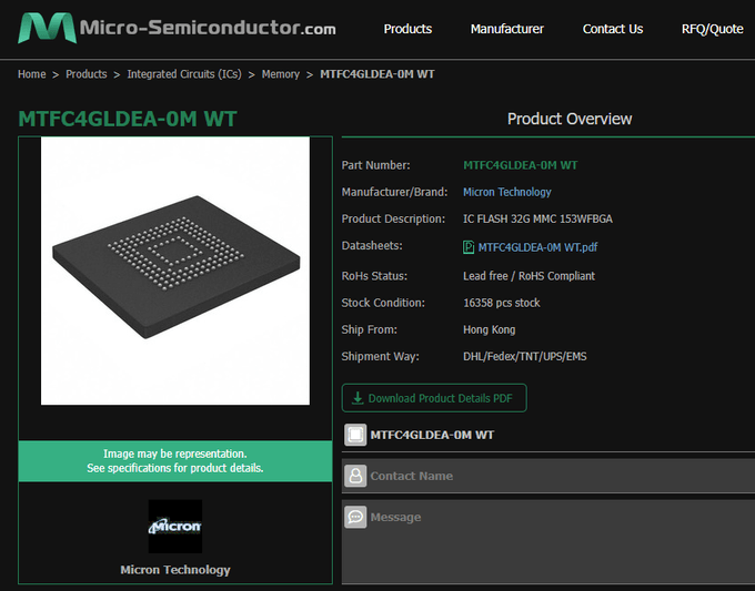 출처: https://www.micro-semiconductor.com/products/Micron-Technology/MTFC4GLDEA-0M-WT