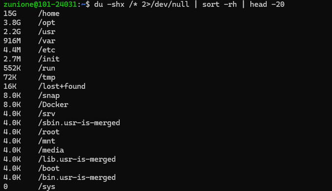 du -shx /* 2>/dev/null | sort -rh | head -20